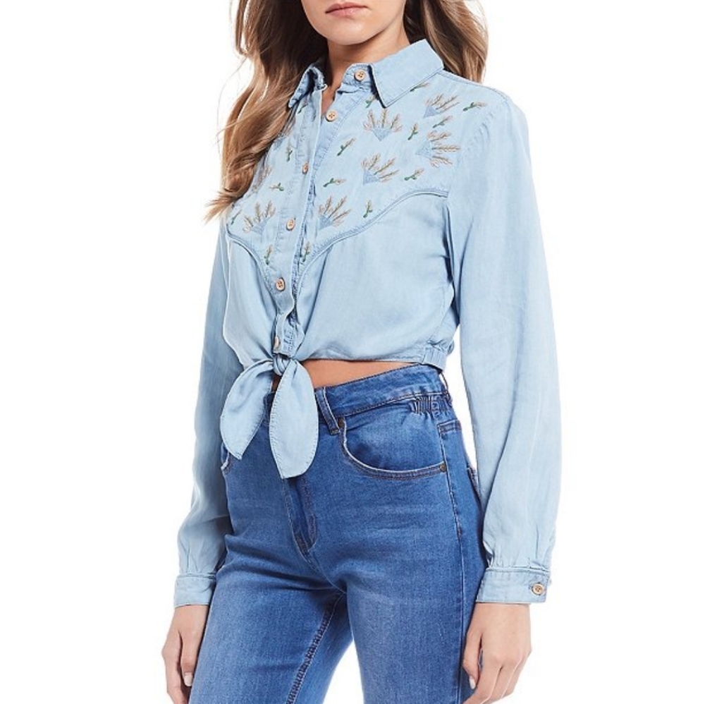 Embroidered Chambray Button/Tie Front Top